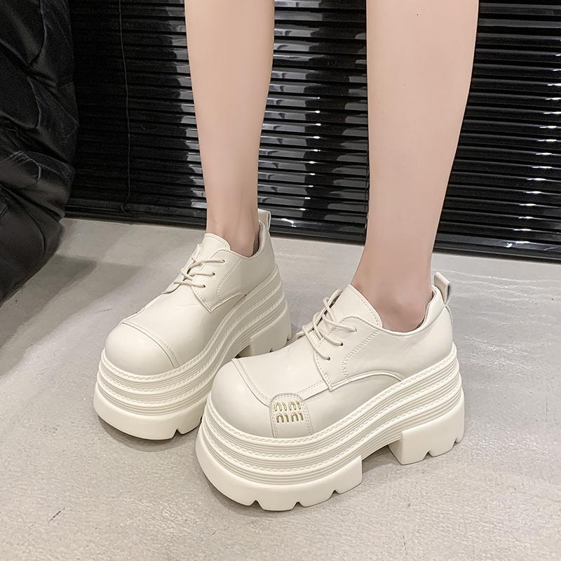 Women s Leather Sneakers New 2025 Spring High Platform Lace-up Casual Shoes Thick Sole 10CM Heels Walking Shoes Zapatos Mujer 34 бежевый