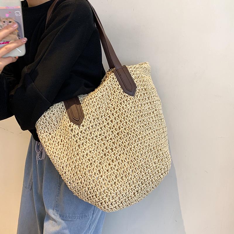 Sommer Strandtaschen für Damen Handgefertigte Rattan Gewebte Umhängetaschen Große Kapazität Strohtasche Bohemian Lässige Reise Handtasche Tragetaschen