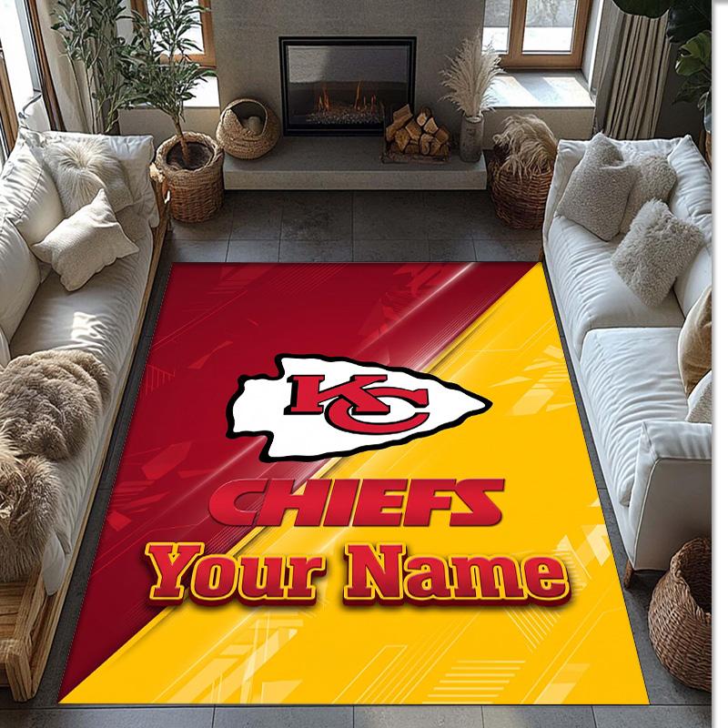Kansas City Chiefs Crystal Velvet Rug, Custom Name Text Personalized Non‑Slip Floor Mat for Home Decor Gift