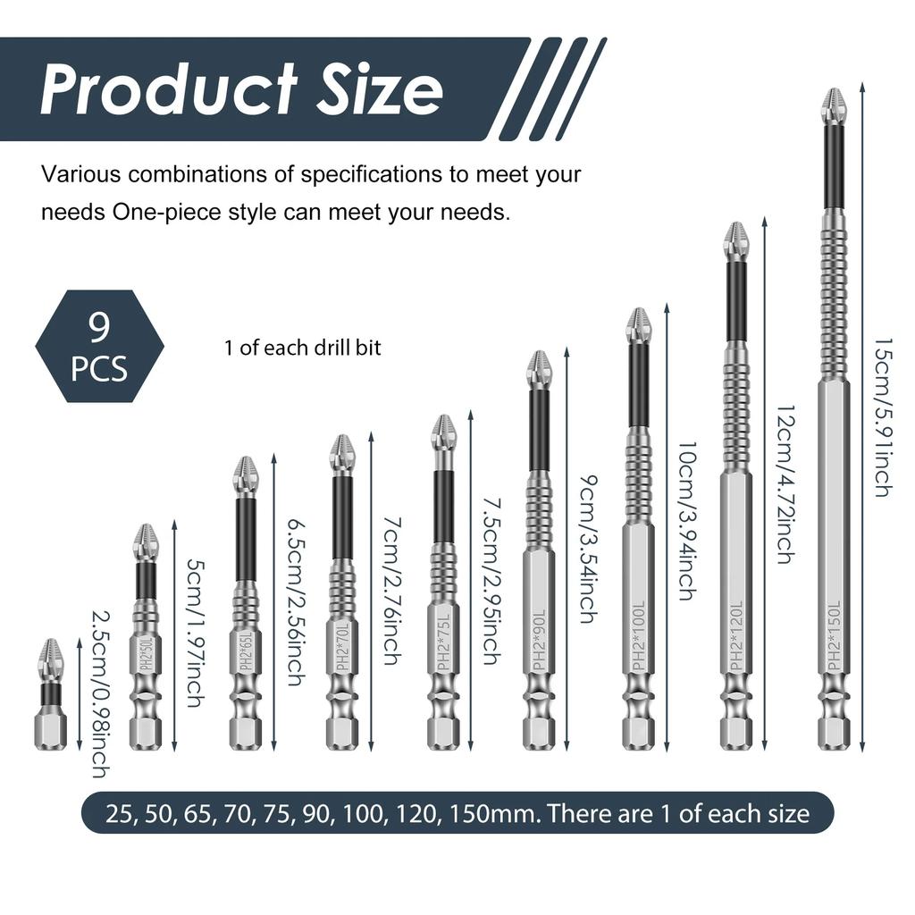 9/18Pcs Non-slip High Hardness Bit S2 Magnetic 5A Black Non-slip Cross Head Electric Drill Electric Screwdriver Bit Set