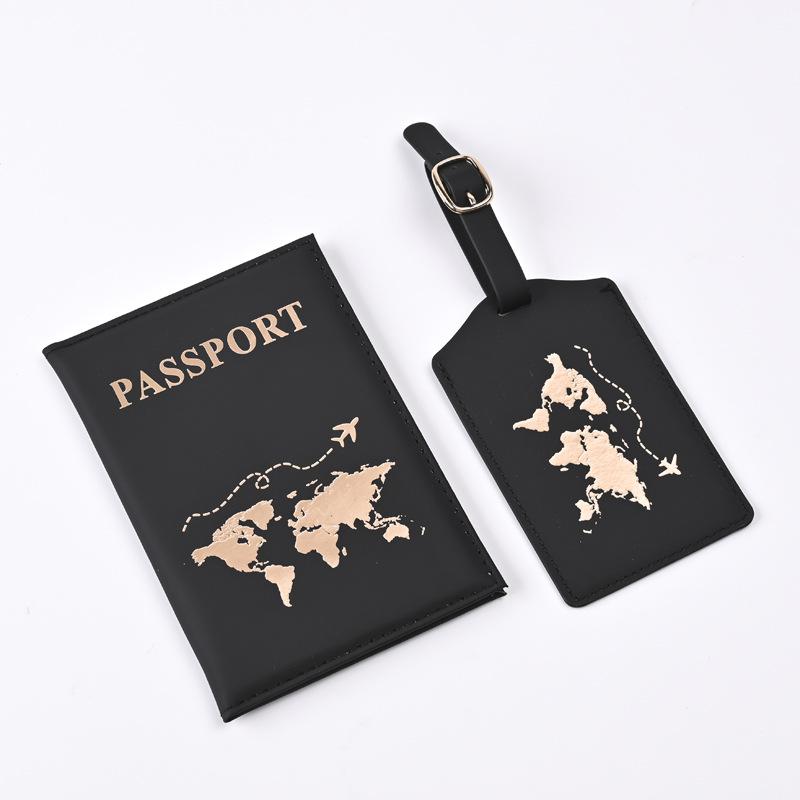 

2026 New PU Map Pattern Passport Covers Luggage Tag Set Passport Protector Luggage Tags Passport Wallet Flight Ticket Clip чорний