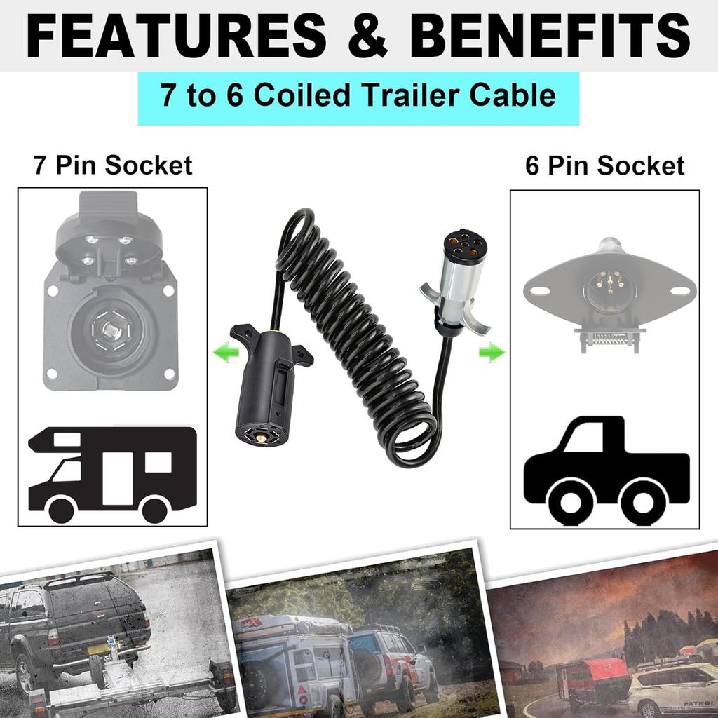 7 Pin To 6 Pin Trailer Adapter, RV 7 To 6 Trailer Wire Kit, 7-Wire To 6-Wire Coiled Cable with Female Receptor Trailer Adapter Stretches To 8-10 Feet
