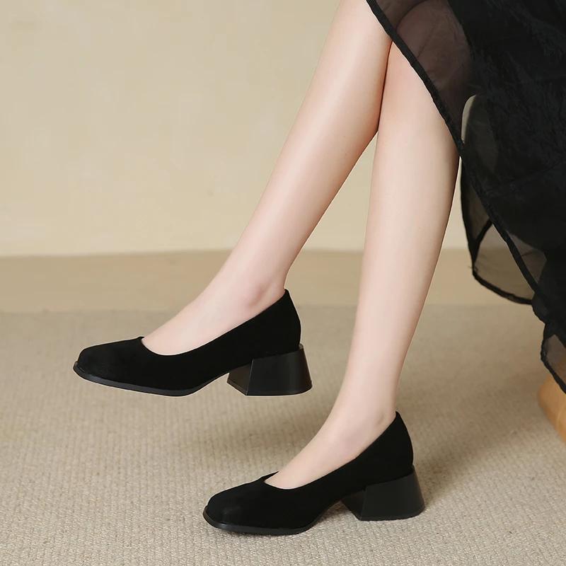 Fashion 2024 Summer Women  Heels Pumps Soft Leather Comfort Cinderella Party Elegant Formal Dress Vintage Brown Square Toe Shoes