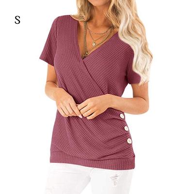 Women Buttons Dide Decor Wrapped V Neck Short Sleeve Shirt