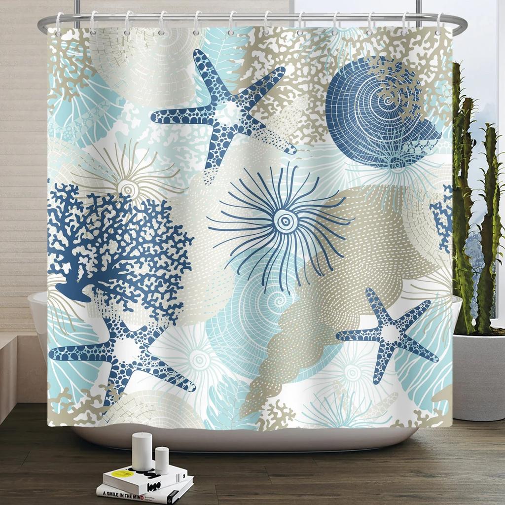 Nautical Coastal Shower Curtain Starfish Coral Seashell Beach Ocean Bathroom Curtain Underwater Marine Waterproof Bath Curtain