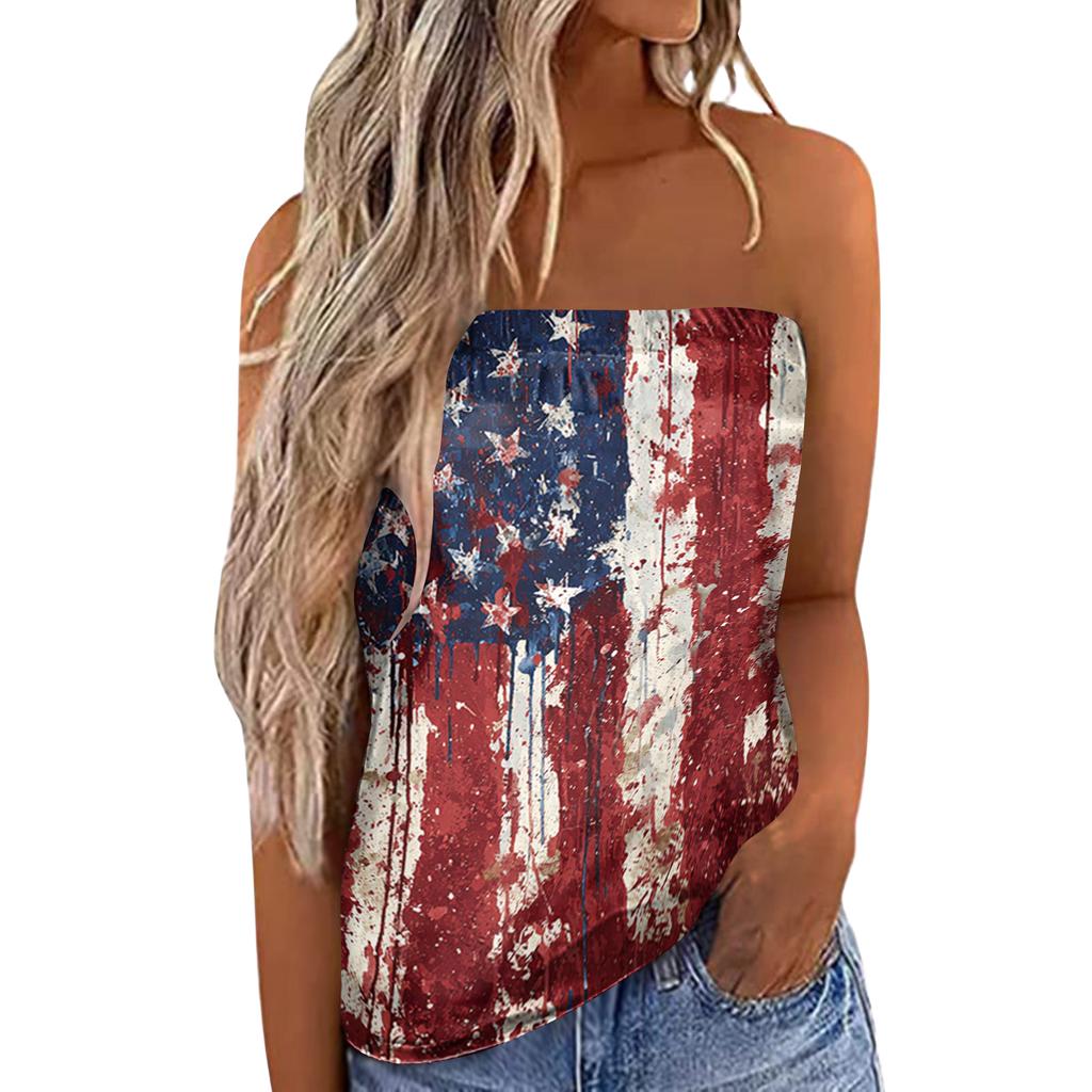Women's Summer Sexy Strapless Off-Shoulder Elastic Band Design Independence Day Print Top