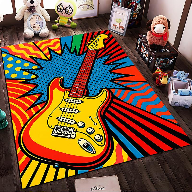 "Colorful Pop Art Style Electric Guitar Pattern Carpet for Home Decor" Suitable for Use As an Anti-slip for Living Room Bedroom Sofas
