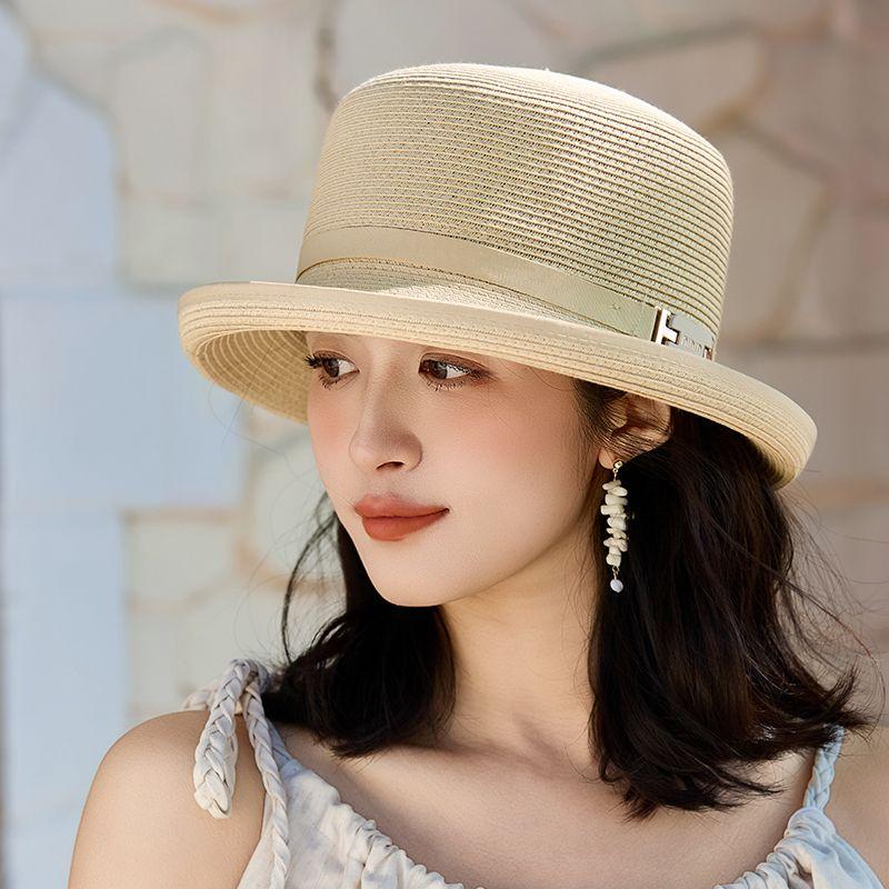 Chapeau de paille Nouveau Pare-soleil Été Mode Chapeau haut de forme Bouclé Chapeau Bob Voyage Protection Solaire Chapeau de soleil Chapeau de soleil d'extérieur Femmes