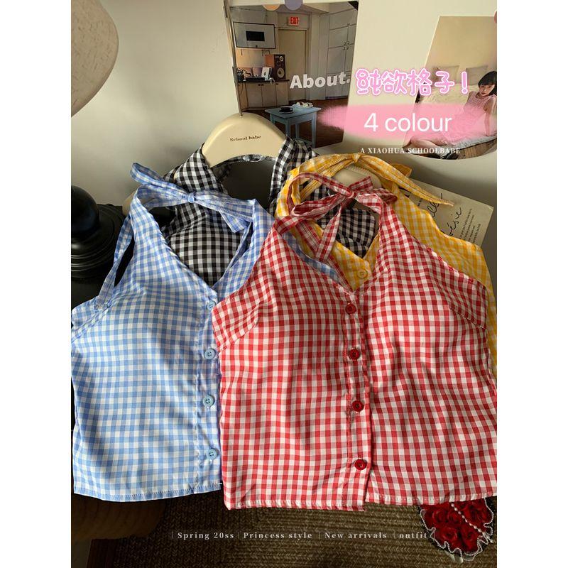 Kumikumi Retro Gyaru Plaid Halter Top Sling Women clothes Summer Niche Chic Slimming Outer Wear Top
