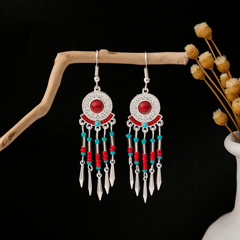 Bohemian Ethnic Miao Silver Turquoise Tassel Earrings for Women