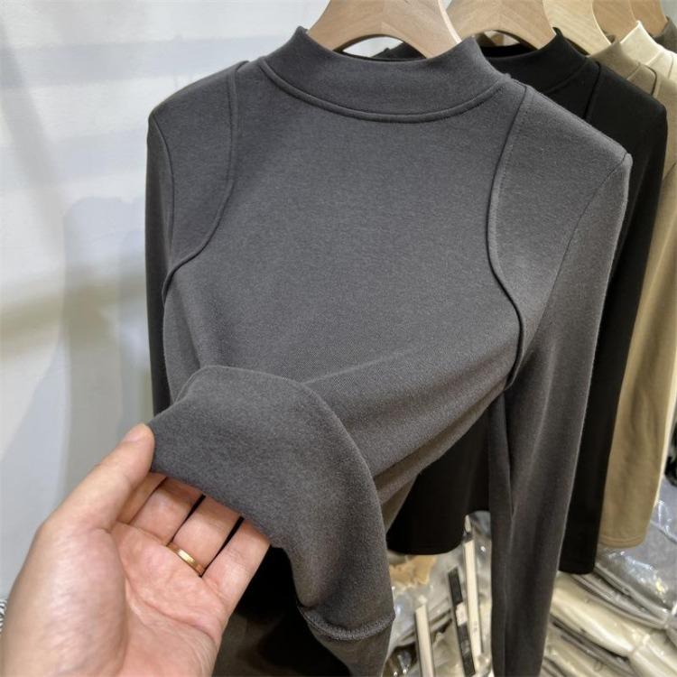 Neues Herbst Winter Hautfreundliches Basis-T-Shirt Warm Hoch Elastisch Fusseln-Resistent Langarm Halber Kragen Vielseitiges T-Shirt