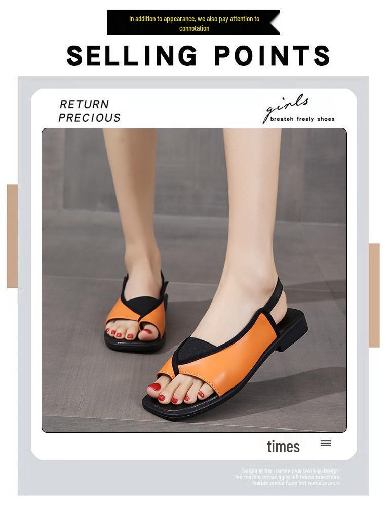 2024 Women's Plus Size Toe-Ring Flat Sandals with Square Toe and Elastic Back