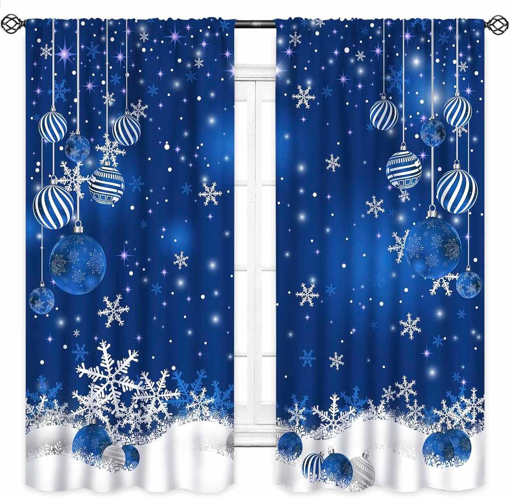 Christmas Curtain Funny Anta Claus Riding Sleigh Delivering Present Ball Winter Print Drapes Bedroom Party Decor For Made Of Polyester