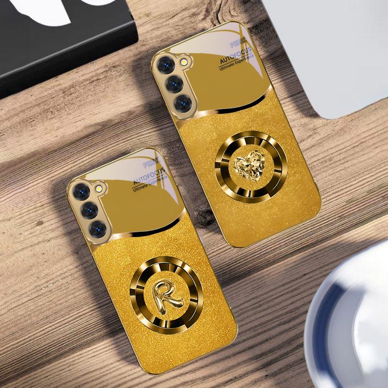 Brilliant Golden Ring For Samsung Galaxy S20 FE S21 S22 S23 Plus S24 Ultra 25Ultra S21+ S9+ S22Plus Golden Glass Phone Case