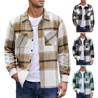 Männer Herbst Winter Plaid Print Hemd Mantel Revers Lange Hülse Tasche Hemd Jacke Lose Fit Einreiher Verdickt Hemd Outwear