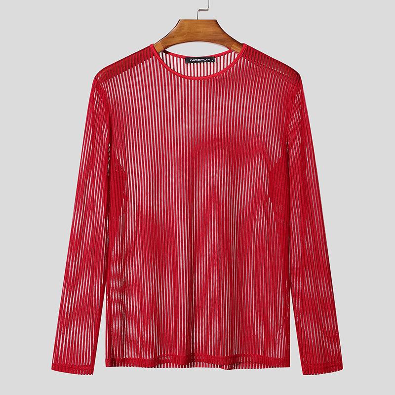 INCERUN Men Long Sleeve Striped Mesh See Through Skinny Party Club T-shirts Tops