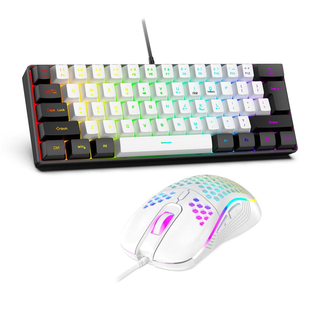 61-Key RGB Wired Gaming Keyboard & Mouse Set, Non-mechanical Membrane, Black & White, with Seven-Color Mini Backlight
