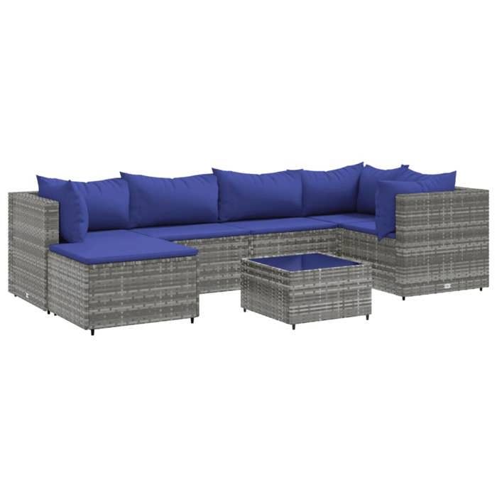 VidaXL Salon de jardin 7 pcs avec coussins Gris Résine tressée, ensemble de canapés d'extérieur, canapé d'angle de jardin, 3308223