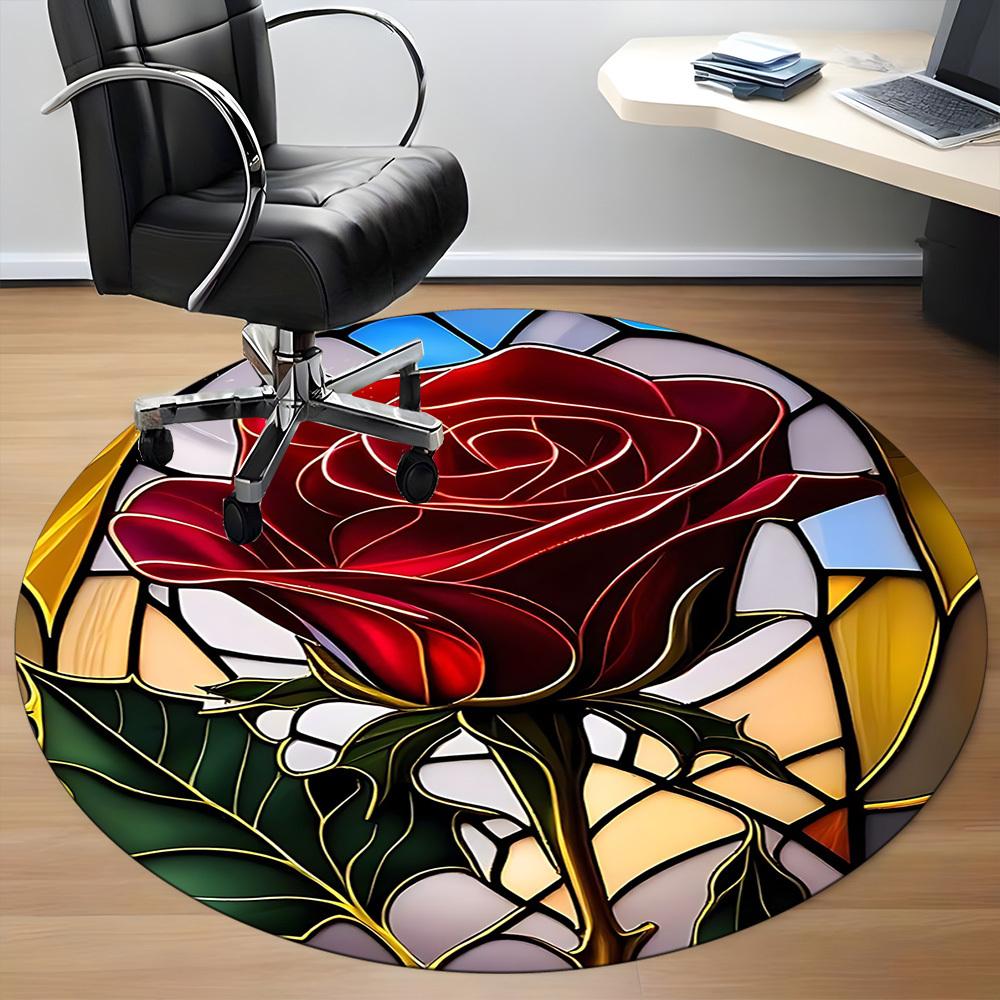 1pc Rose StainedGlass Office Round Area Rug, Under Office Chairs Bedroom Living Room Home Decor, Room Deco