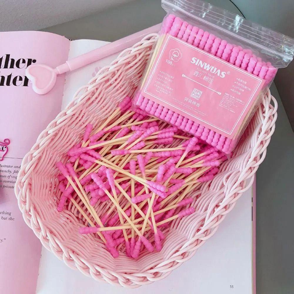 100 Pcs/Pack New Pink Disposable Cotton Swab Double Head Ear Clean Clean Wooden Sticks Cotton Swab Sticks Home