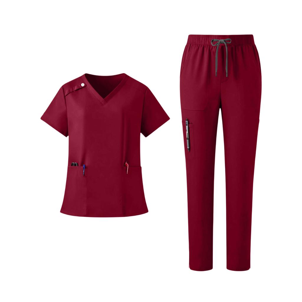 Women's Set V-Neck Short Sleeve Top with Pockets and Drawstring Pants, Quick Dry Color Uniform for Healthcare Workers