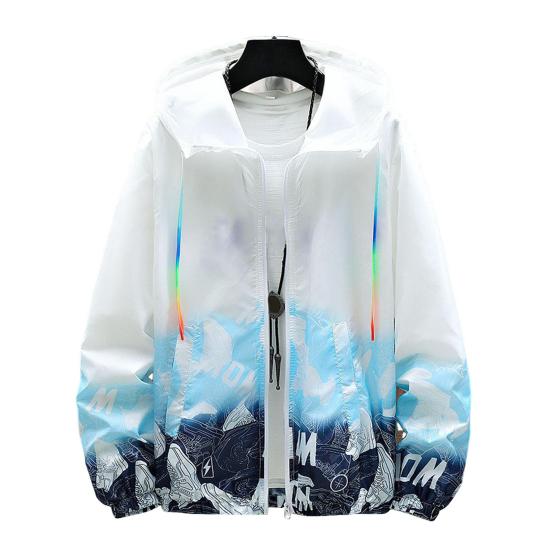 Men Sun Protection Clothing Hooded Long Sleeve Pockets Sunscreen Jacket Zipper Placket Shoes Print Quick Drying Windbreaker