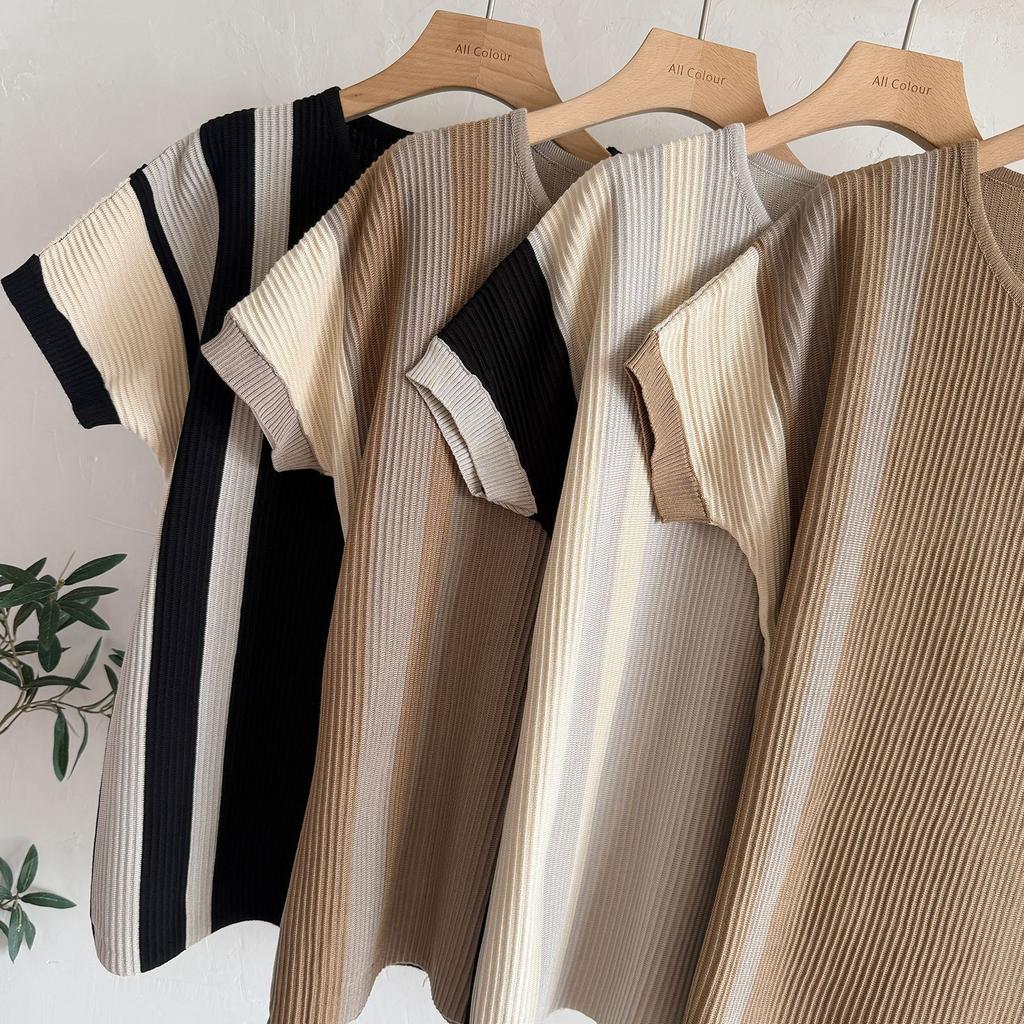 2025 New Pleated Color Matching Loose Fashion Casual T-shirt Long Wide Leg Pants Knitted Suit