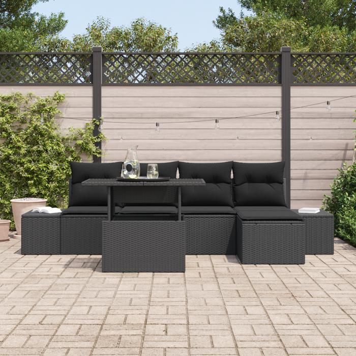 VidaXL Ensemble de canapé de jardin de 6 pièces avec coussins en rotin poly noir 3349169