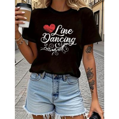 Damen Line Dance Grafik T-Shirt - mit rotem Herz & Line Dance Textdruck, Kurzarm Rundhals Freizeit Oberteil für Tanzveranstaltungen