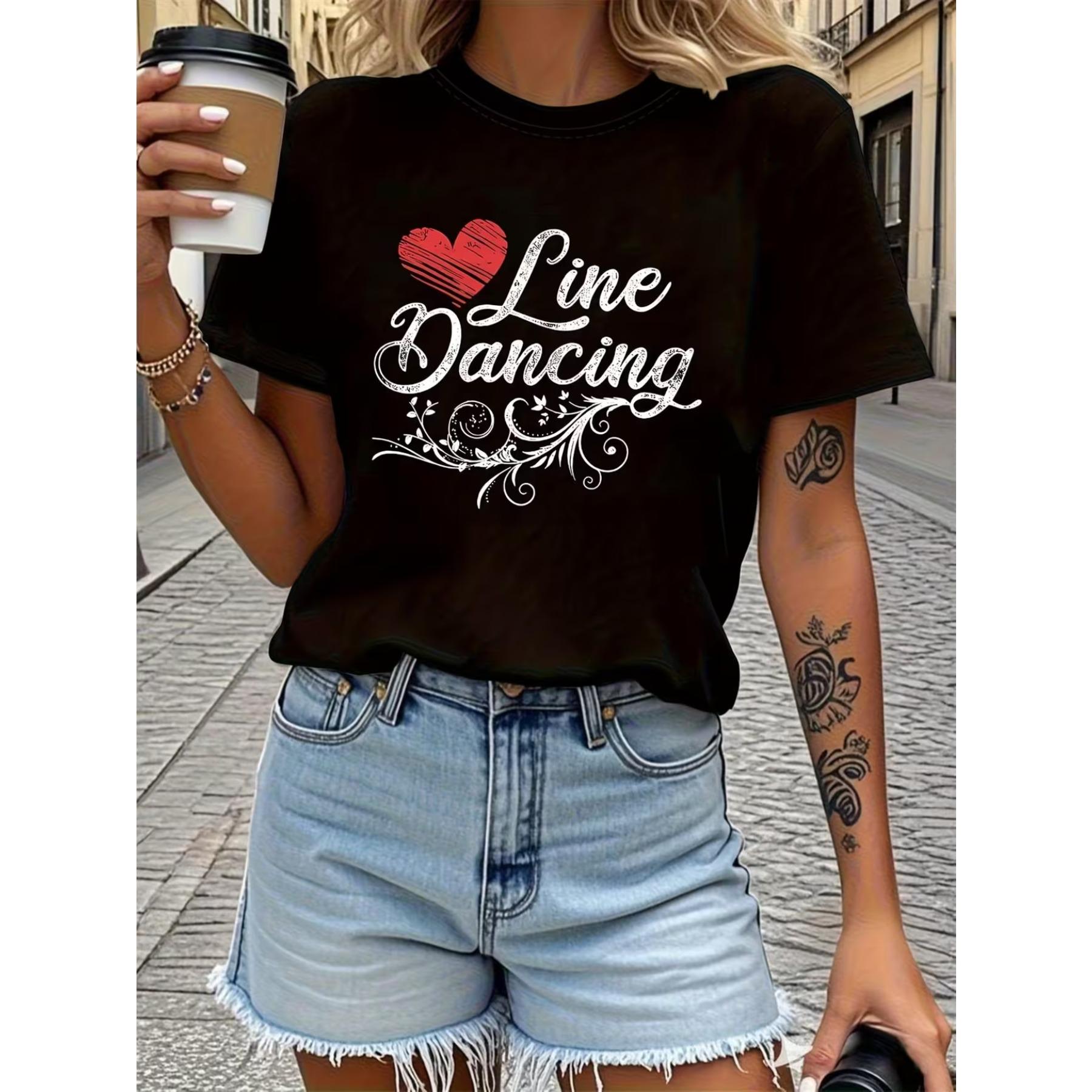 

WomenS Line Dancing Graphic T-Shirt - with Red Heart & Line Dancing Text Print, Short Sleeve Crew Neck Casual Top for Dance Events XXL