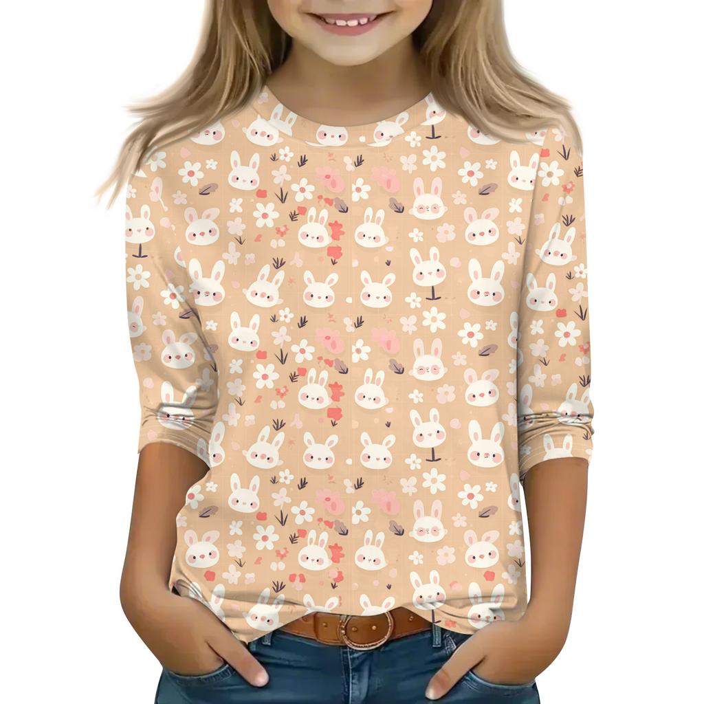 Print Tops For Youth Girls Round Neck 3/4 Sleeves T-Shirts Trendy Tops Outfit Tees