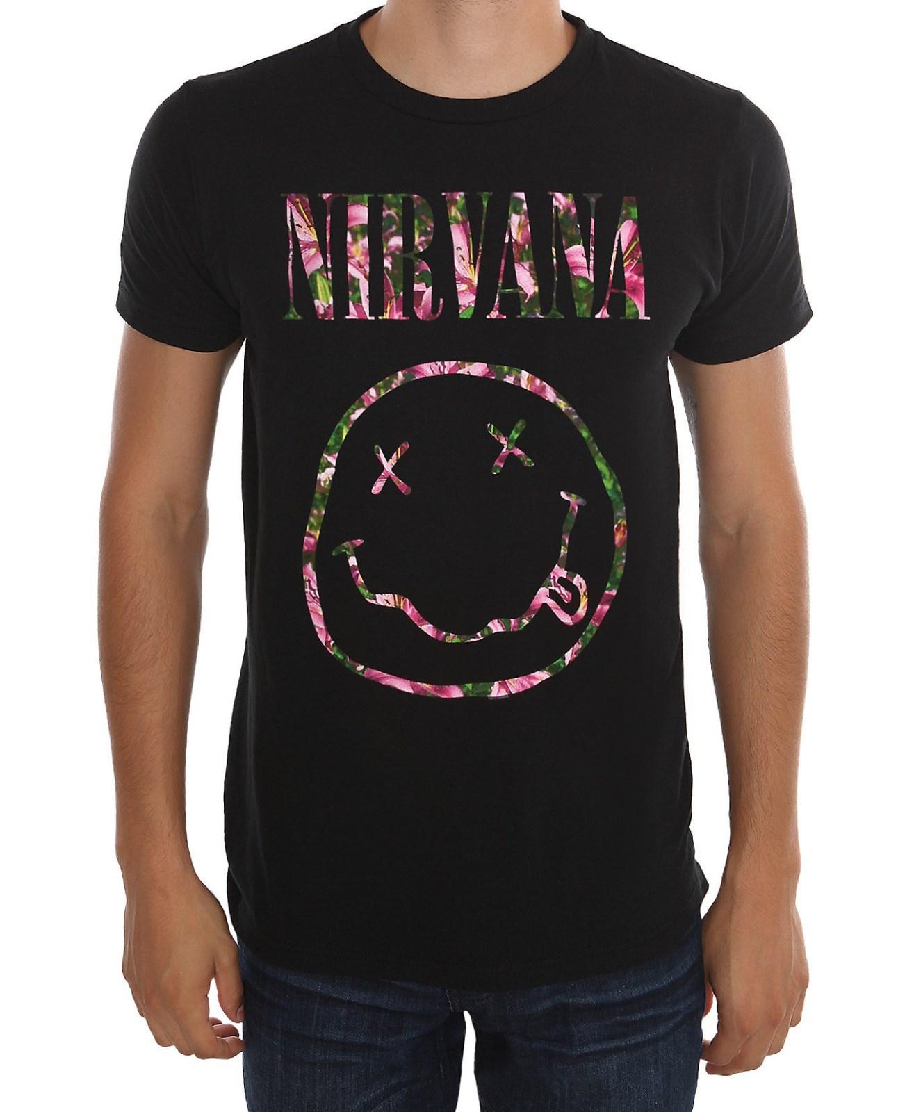 26 Nirvana Kurt Cobain FLORAL SMILEY FACE T-Shirt NWT Authentic & Licensed Unisex T-Shirt L
