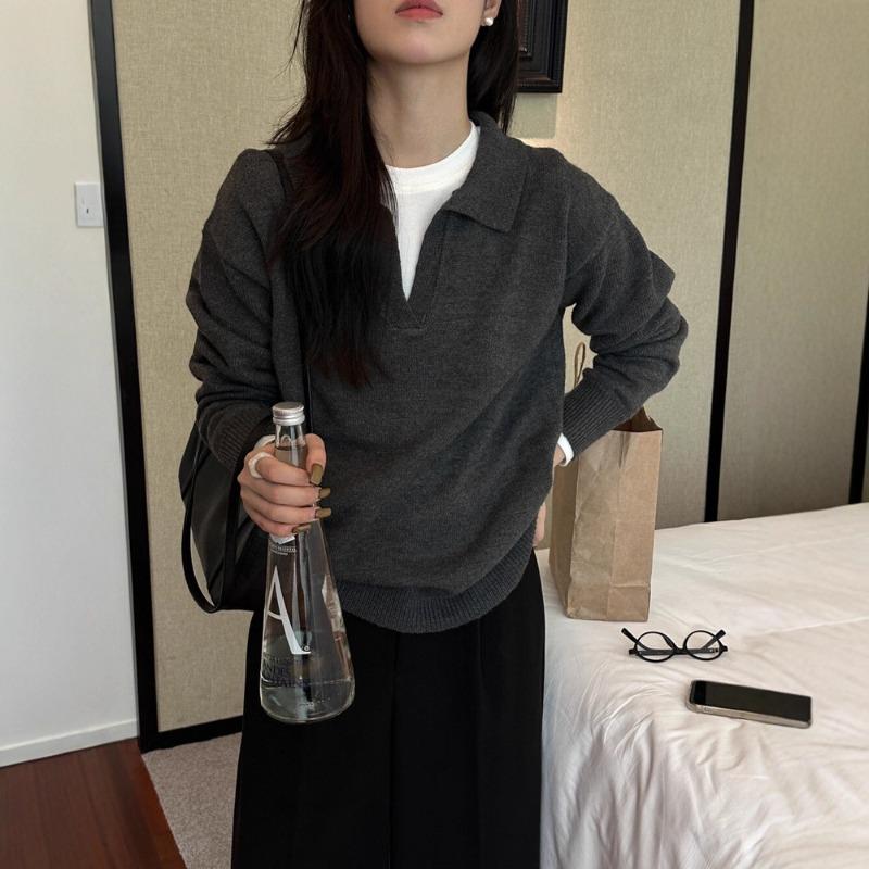 Black polo neck long-sleeved knitted sweater for women's autumn and winter lazy style loose casual v-neck sweater top