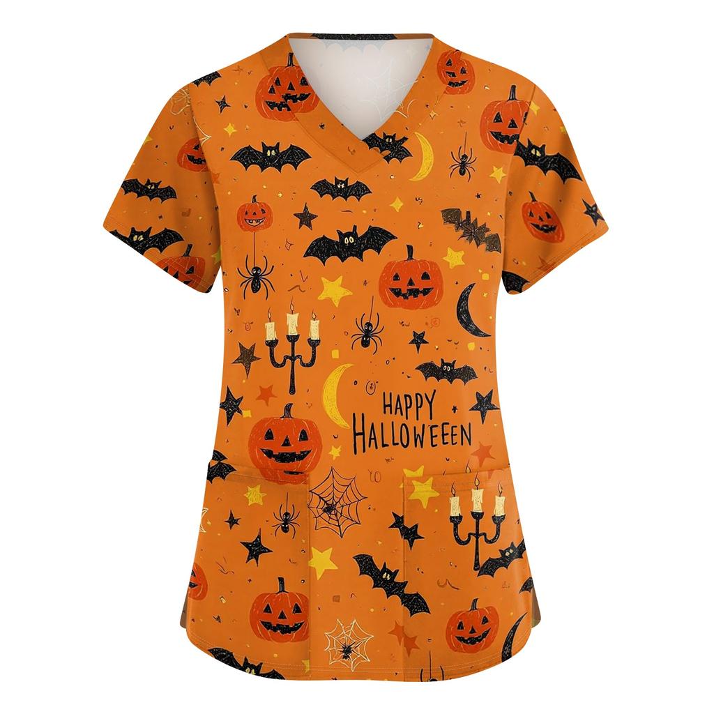 Women V Neck Short Sleeve Work Shirt Double Side Slit with Pockets Halloween Print Top Casual Comfortable Fit