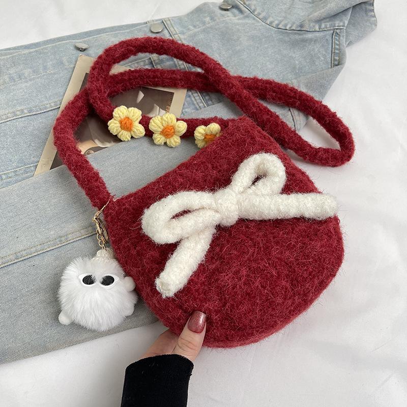 Macaron plush oval cute autumn new bag small crossbody shoulder backpack bow mobile phone bag