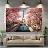 2D Paris Eiffel Tower Backdrop, Pink Cherry Blossom & Seine River Background for Wedding Photoshoot