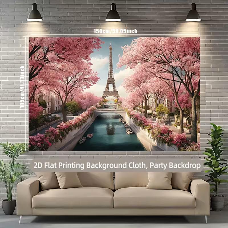 2D Paris Eiffel Tower Backdrop, Pink Cherry Blossom & Seine River Background for Wedding Photoshoot