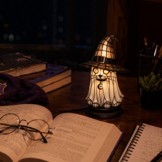 Witch Hat Lamp Stained Witch Hat LED Light Halloween Table Lamp with Warm Glow