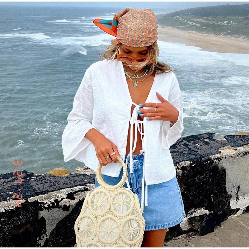 2025 Sommer Hvite Snøreskjorter for Kvinner Elegant Løs Langermet V-hals Bluse Dame Ensfarget Casual Street Chic dame Topper