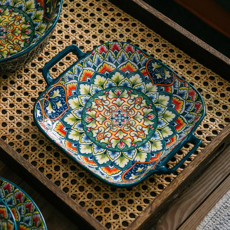 Bohemian Relief Ceramic Plates, Rice Bowls, Handle Baking Pans, Soup Bowls, Snack Plates, Fish Plates, Hand-painted Tableware