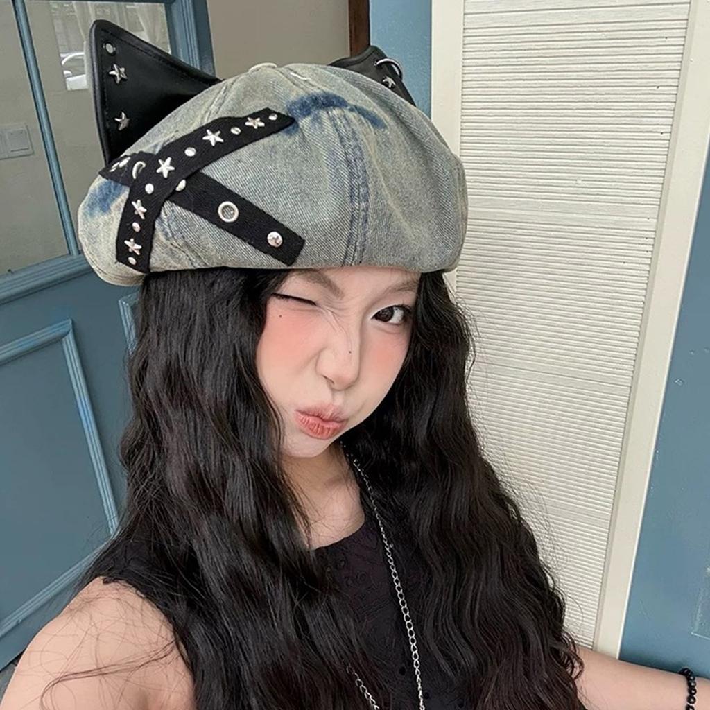 Soft Cotton Studded Cats Ear Hat Adjustable Head Size Vintage Unisex Beret For Theme Event Outfits
