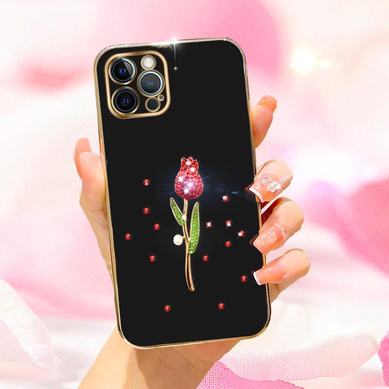 6D Plating Luxury Crystal Rose Case for iPhone 14 13 11 Pro Max 12 Samsung Galaxy S22 Ultra S21 A12 S20 A52S Infinix Tecno Soft TPU Phone Cover