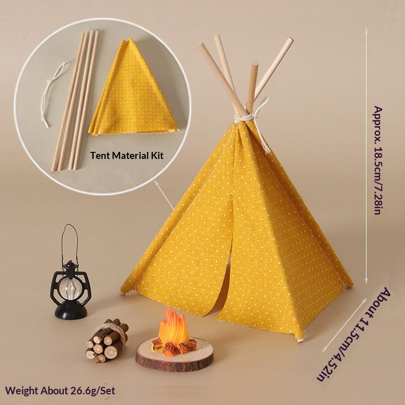 1 Set 1/12 Doll House Outdoor Cooking Barbecue Scene Decor Miniature Camping Tent Bonfire Model With Flower/Wave Point Pattern