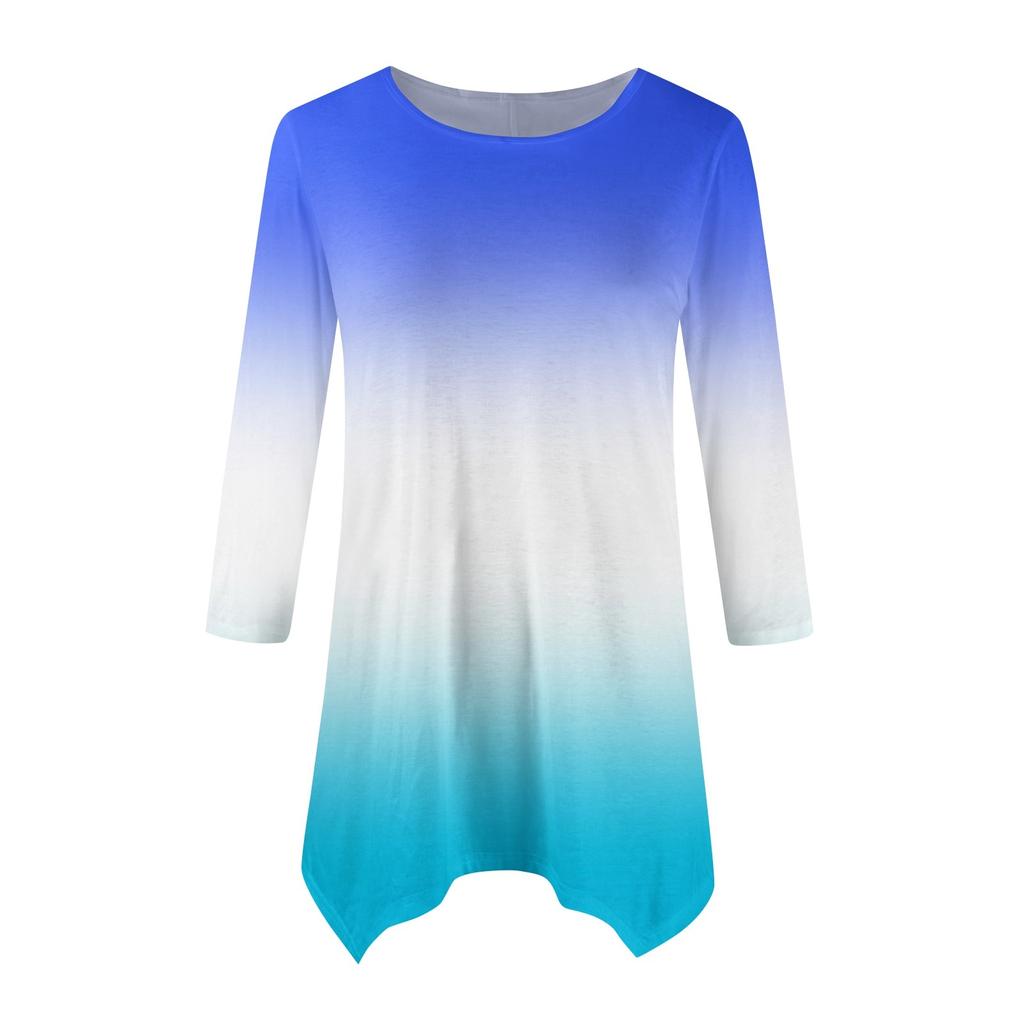 Women's Fashion Casual Crew-neck Gradual Print Seven-point Sleeve Shirt Belted Loose Comfortable Top