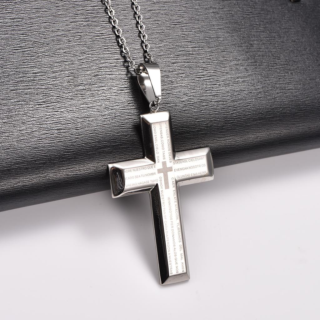 Stainless Steel Chunky Punk Printing Cross Pendant Necklace for Women Men Religious Prayer Faith Charms Chain Metal Jewelry Gift