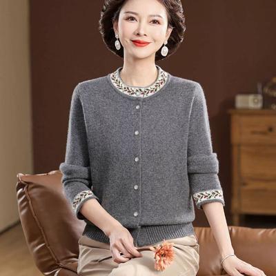 Autumn Winter Women's Round Neck Embroidered Cardigan Sweater Thickened Loose Knit Cardigan