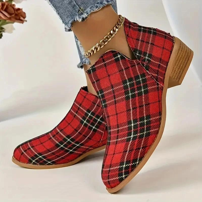 Fashion Ankle Boots Women's Christmas Plaid Print Zipper Retro Red Plaid Chelsea Boots Outdoor Platform Shoes Classic Side Booties