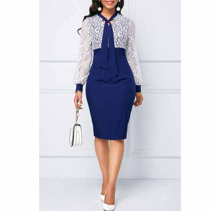Plus Size Women's Lace Long Sleeve Bodycon Dress Elegant High Waist Patchwork Midi Office Dress