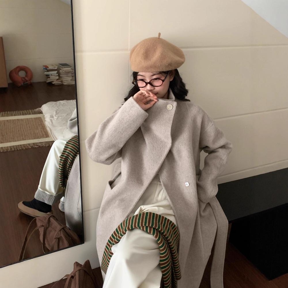 Autumn and winter high-end double-sided cashmere coat women's long stand-up collar button high-end loose temperament wool coat