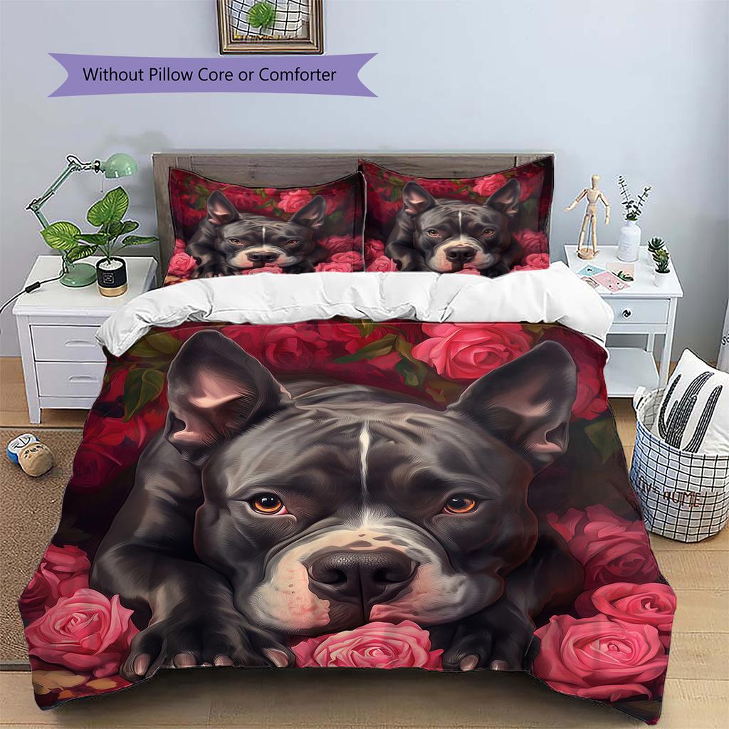 Pitbull and roses Pattern Bedding Home Decoration Birthday Gift (1 * duvet cover + 2 * pillowcase, without core)
